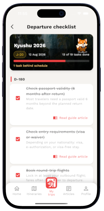 Japan trip preparation checklist in Ryokô Planner