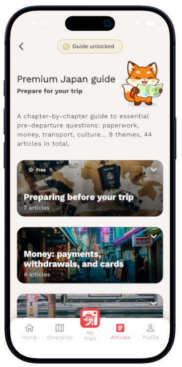 Ryokô Guide built into the app to prepare for a Japan trip