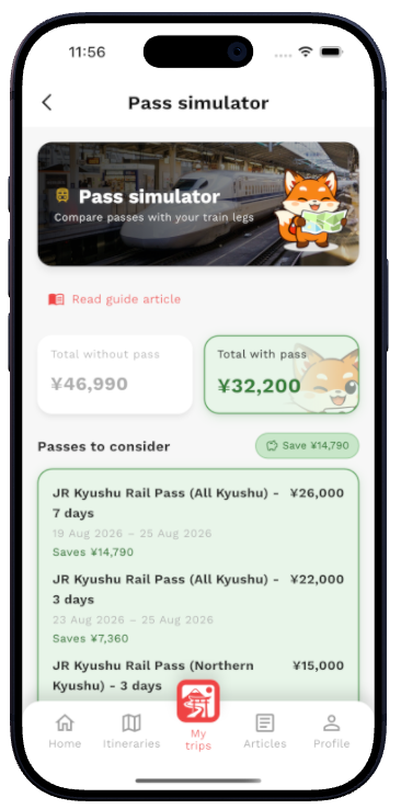 JR Pass and regional pass calculator for a Japan trip in Ryokô Planner