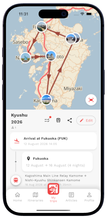 Step-by-step Japan trip itinerary creation in Ryokô Planner